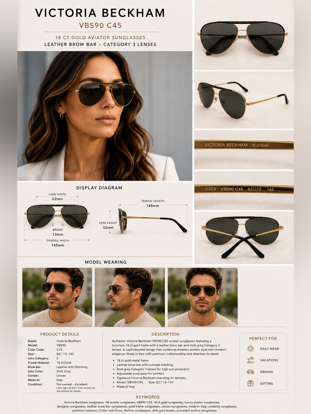 Victoria Beckham VBS90 C45 Aviator Sunglasses 18 Ct Gold Leather 62-13-145